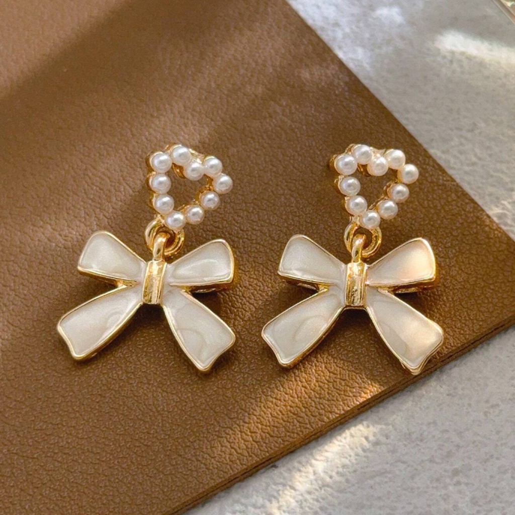 Elegant Pearl Heart & Bow Drop Earrings