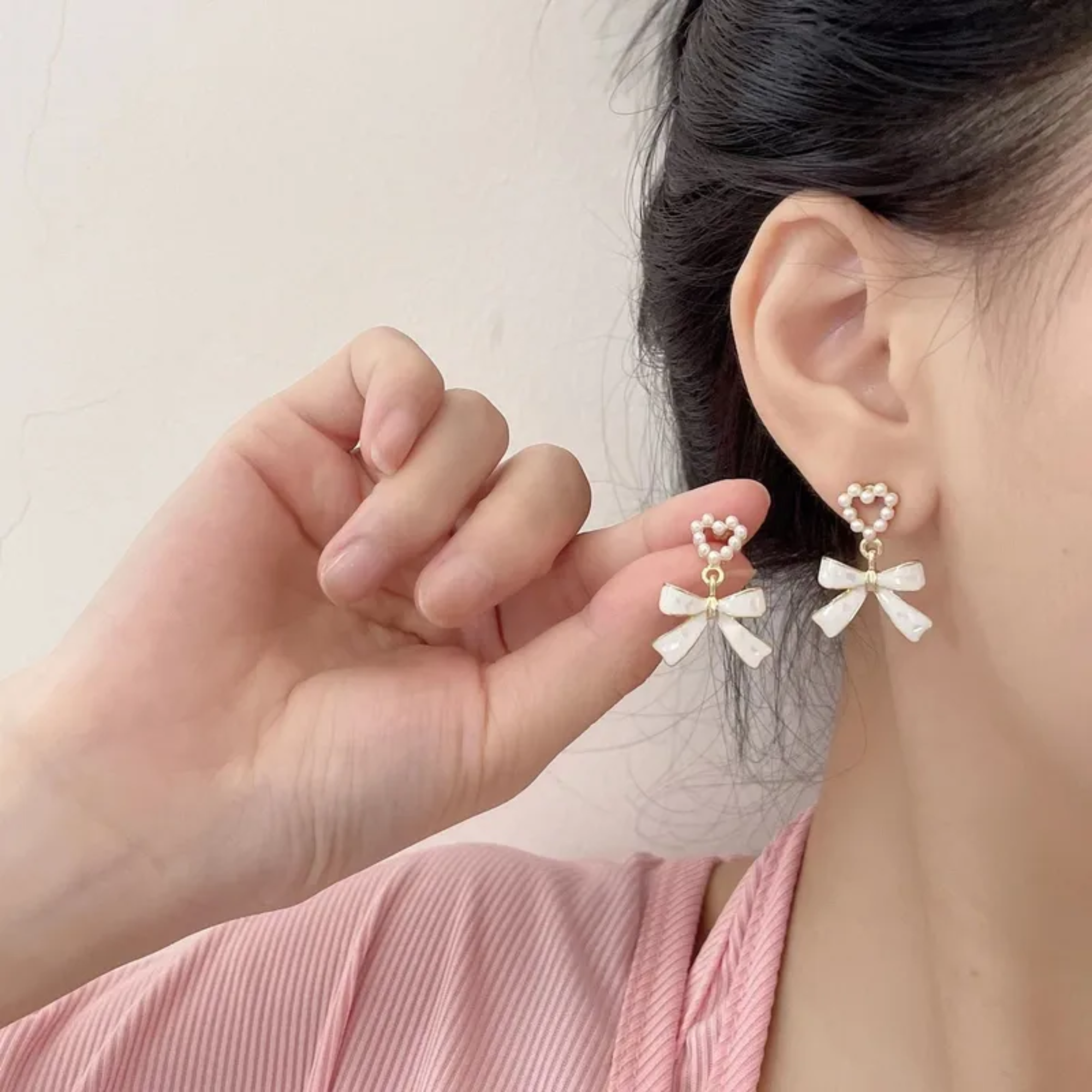 Elegant Pearl Heart & Bow Drop Earrings
