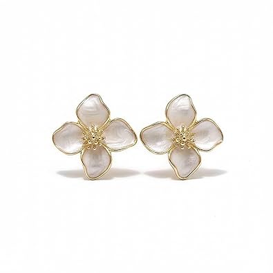 Elegant Enamel Flower Stud Earrings - Ivory