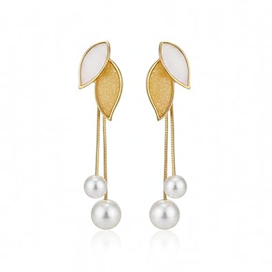 Gold-Tone Leaf Design with Double Pearl Dangles