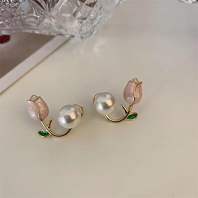 Pink Tulip Pearl Stud Earrings