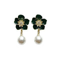 Elegant Green Floral Pearl Drop Earrings