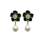 Elegant Green Floral Pearl Drop Earrings