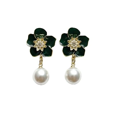 Elegant Green Floral Pearl Drop Earrings