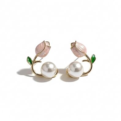 Pink Tulip Pearl Stud Earrings