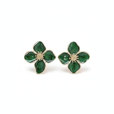 Elegant Enamel Flower Stud Earrings - Green