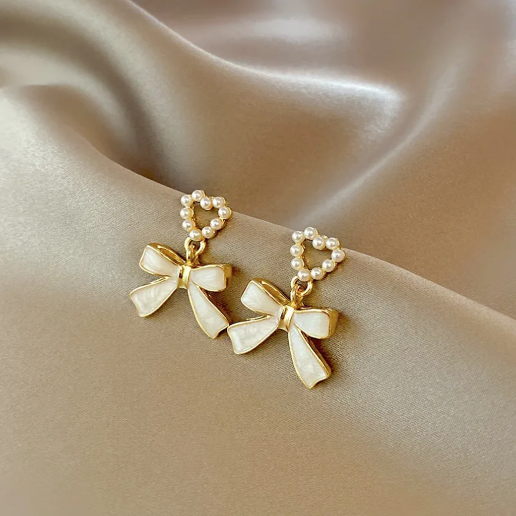 Elegant Pearl Heart & Bow Drop Earrings