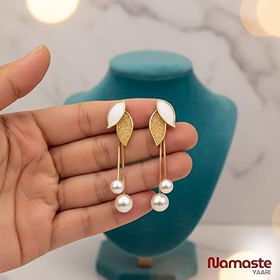 Gold-Tone Leaf Design with Double Pearl Dangles