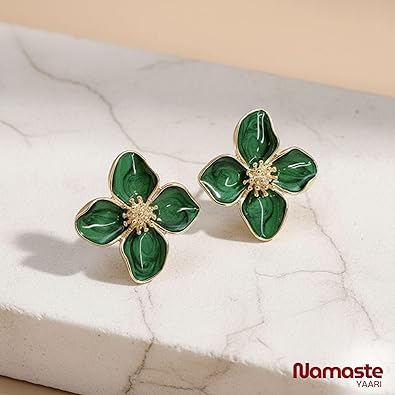 Elegant Enamel Flower Stud Earrings - Green