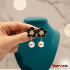 Elegant Green Floral Pearl Drop Earrings