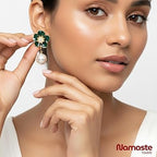 Elegant Green Floral Pearl Drop Earrings