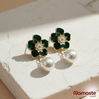Elegant Green Floral Pearl Drop Earrings