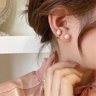 Pink Tulip Pearl Stud Earrings