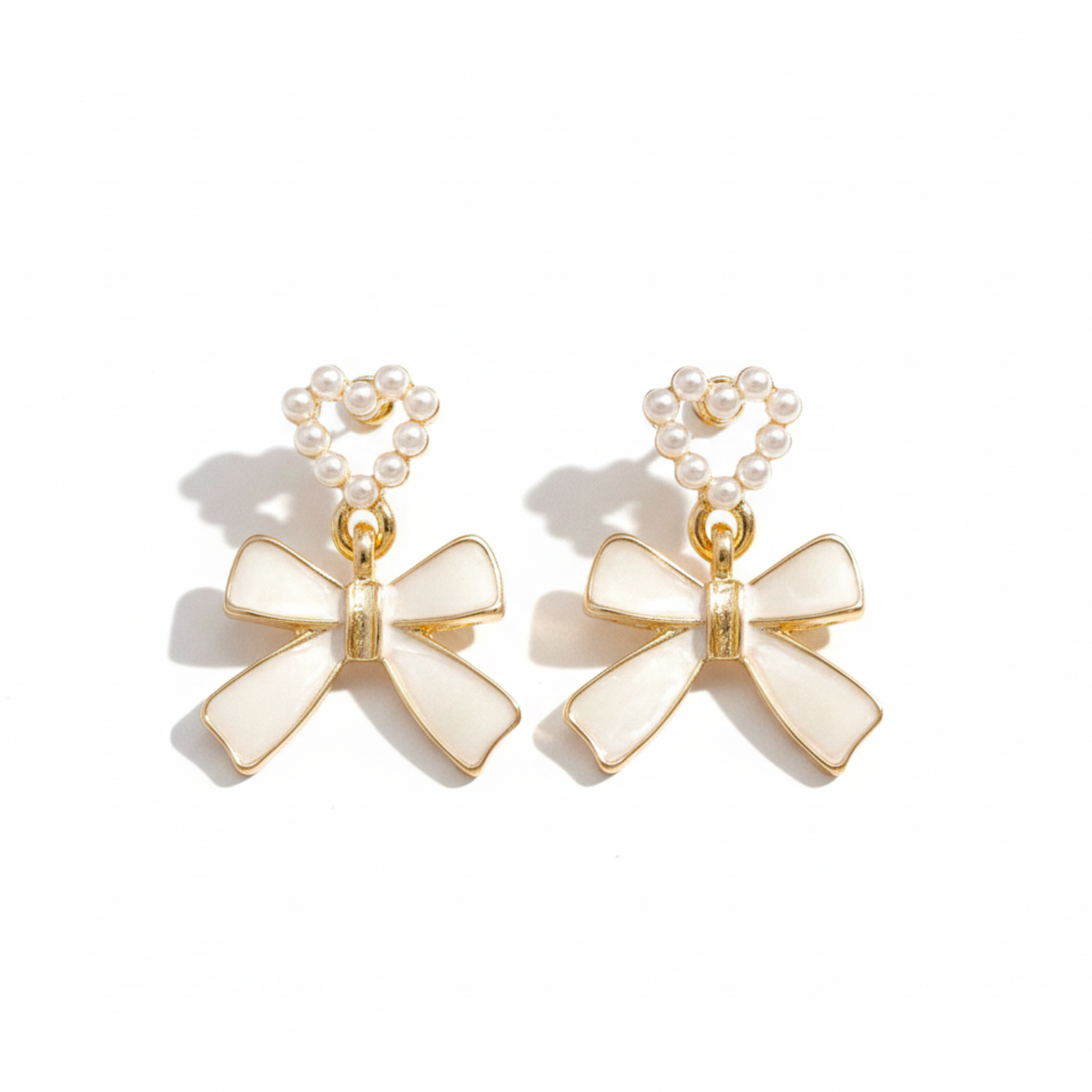 Elegant Pearl Heart & Bow Drop Earrings