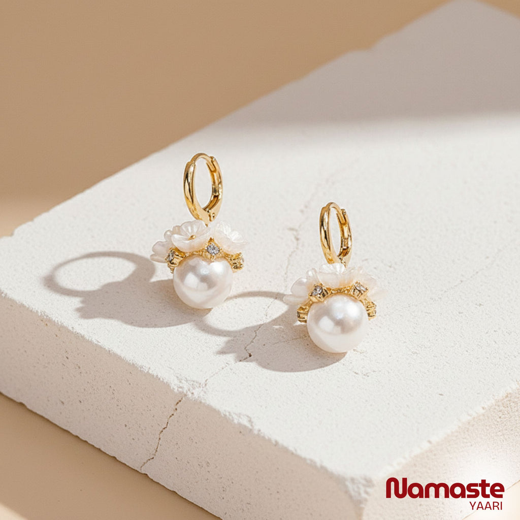 Shell Flower Basket Pearl Drop Earrings