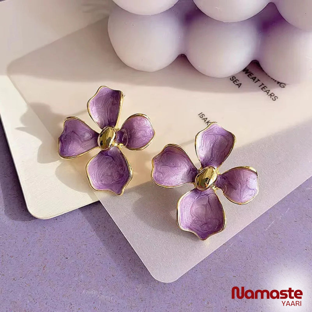 Oil Drop Purple Flower Stud Earrings