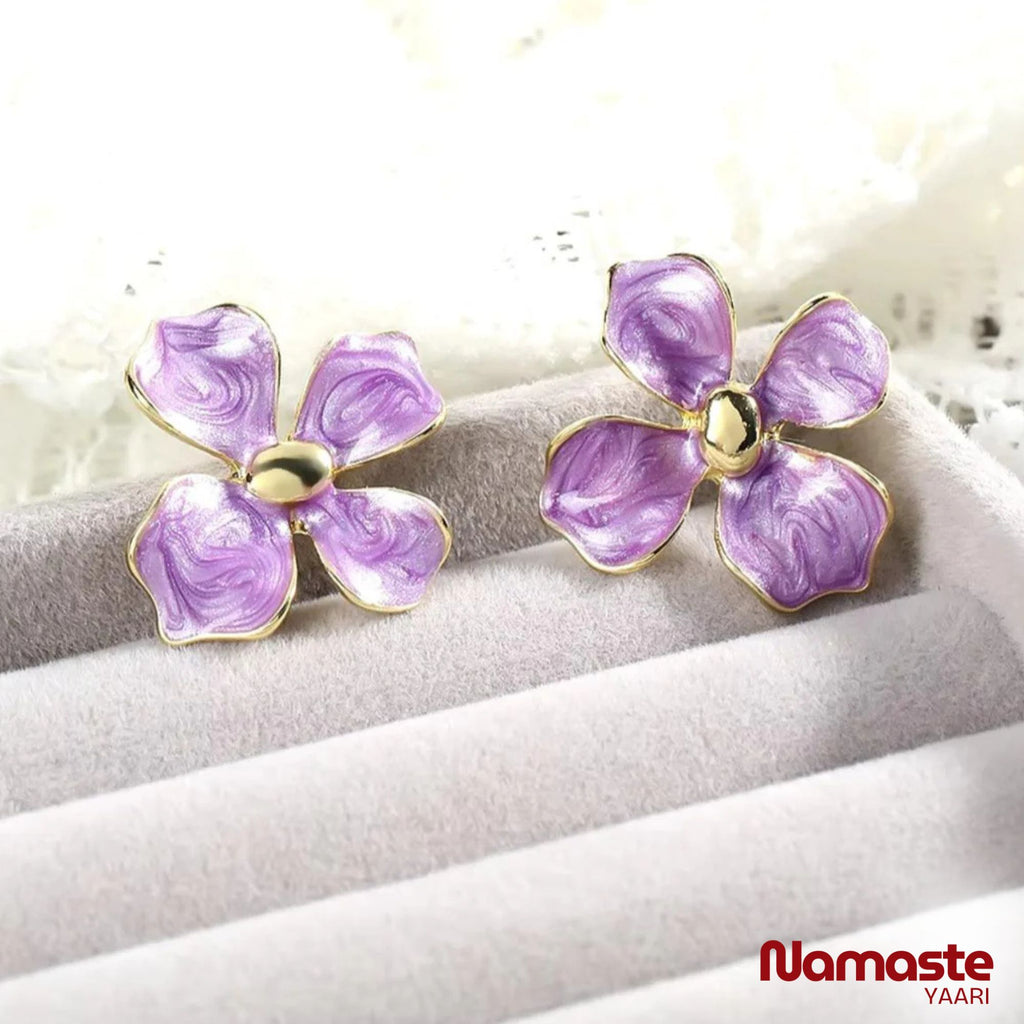 Oil Drop Purple Flower Stud Earrings
