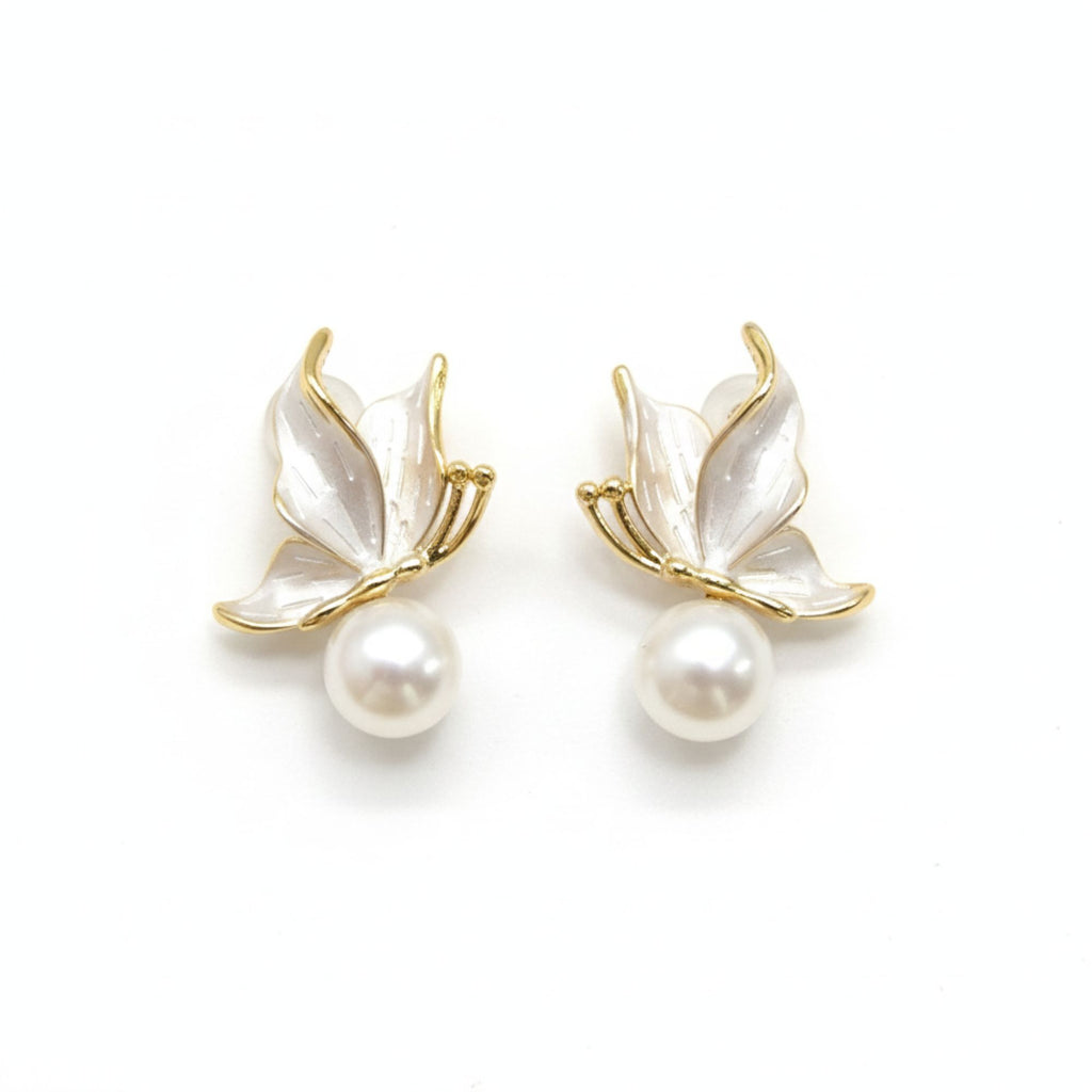 Enamel Butterfly Pearl Stud Earrings