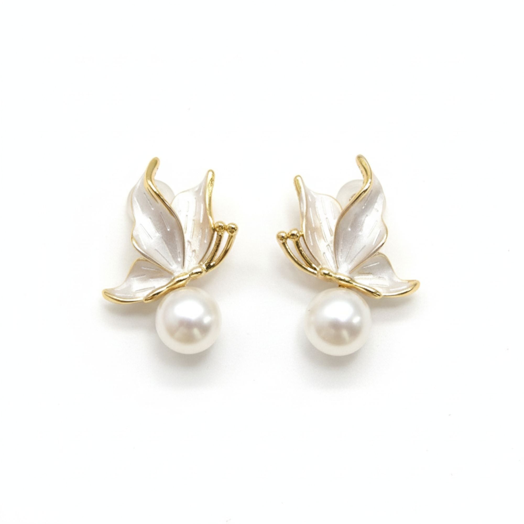 Enamel Butterfly Pearl Stud Earrings