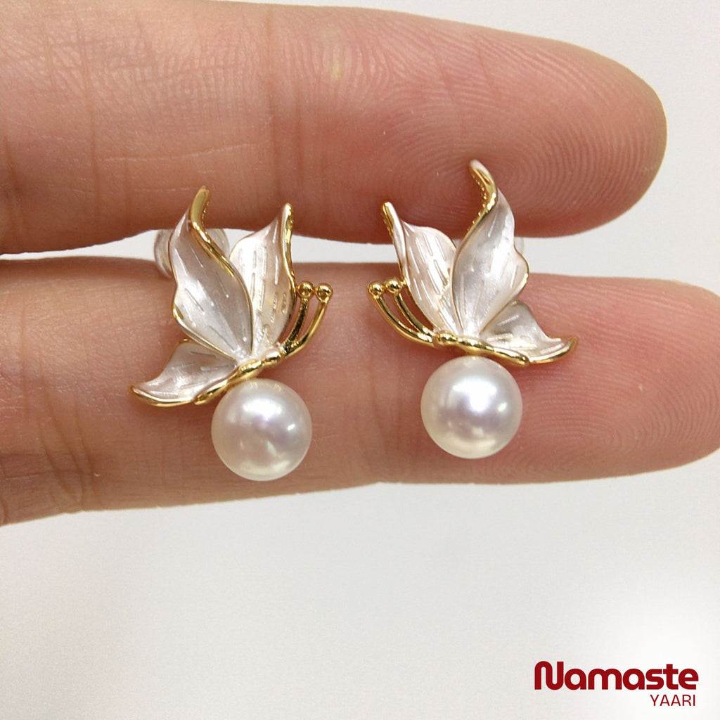 Enamel Butterfly Pearl Stud Earrings