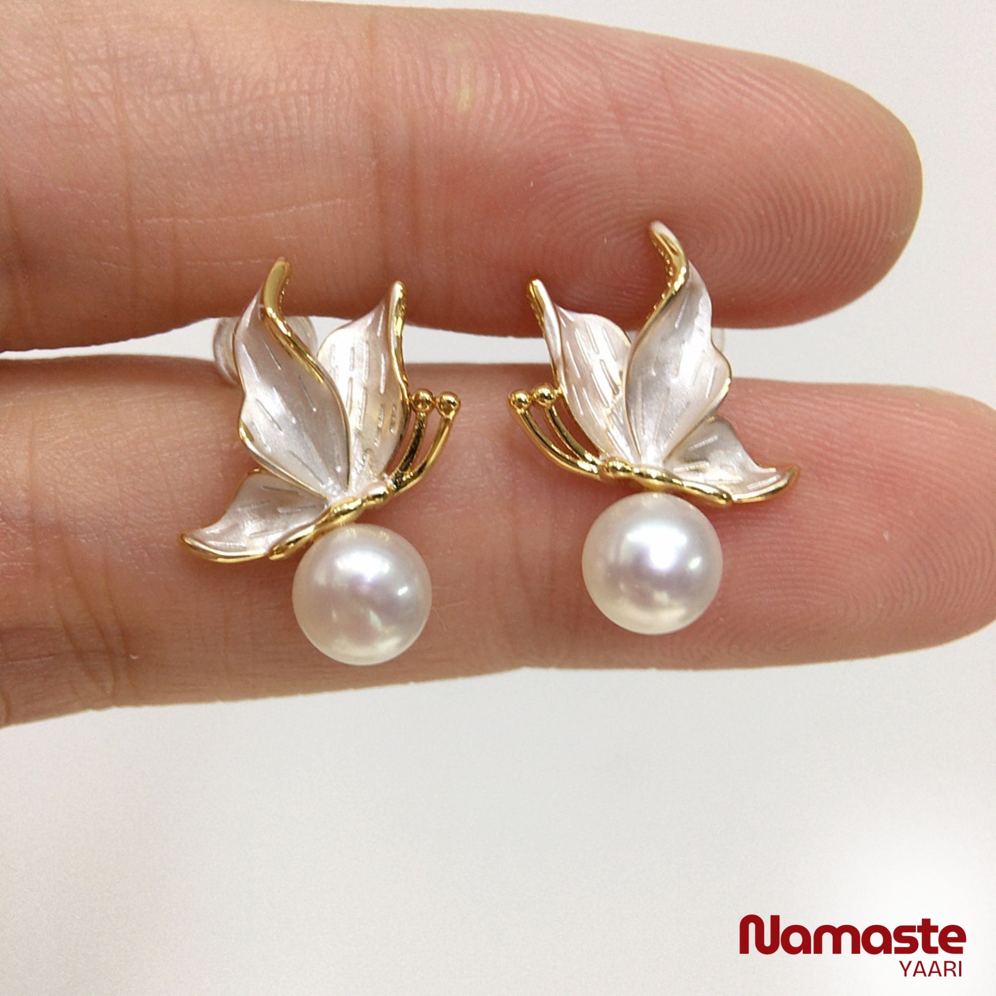 Enamel Butterfly Pearl Stud Earrings