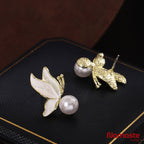 Enamel Butterfly Pearl Stud Earrings