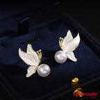 Enamel Butterfly Pearl Stud Earrings