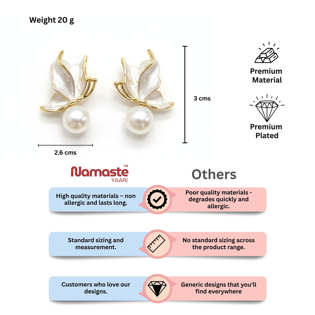 Enamel Butterfly Pearl Stud Earrings