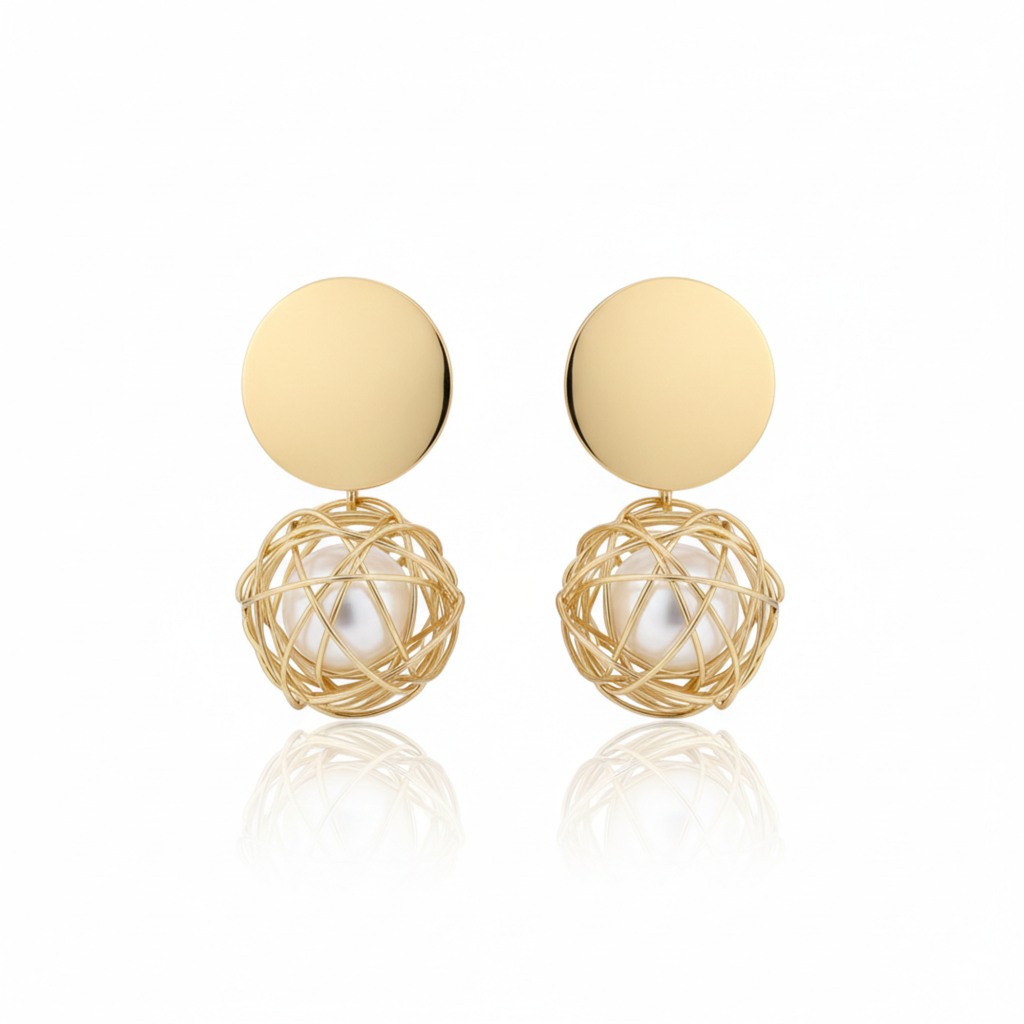 Gold Plated Wire Ball Pearl Drop Earrings