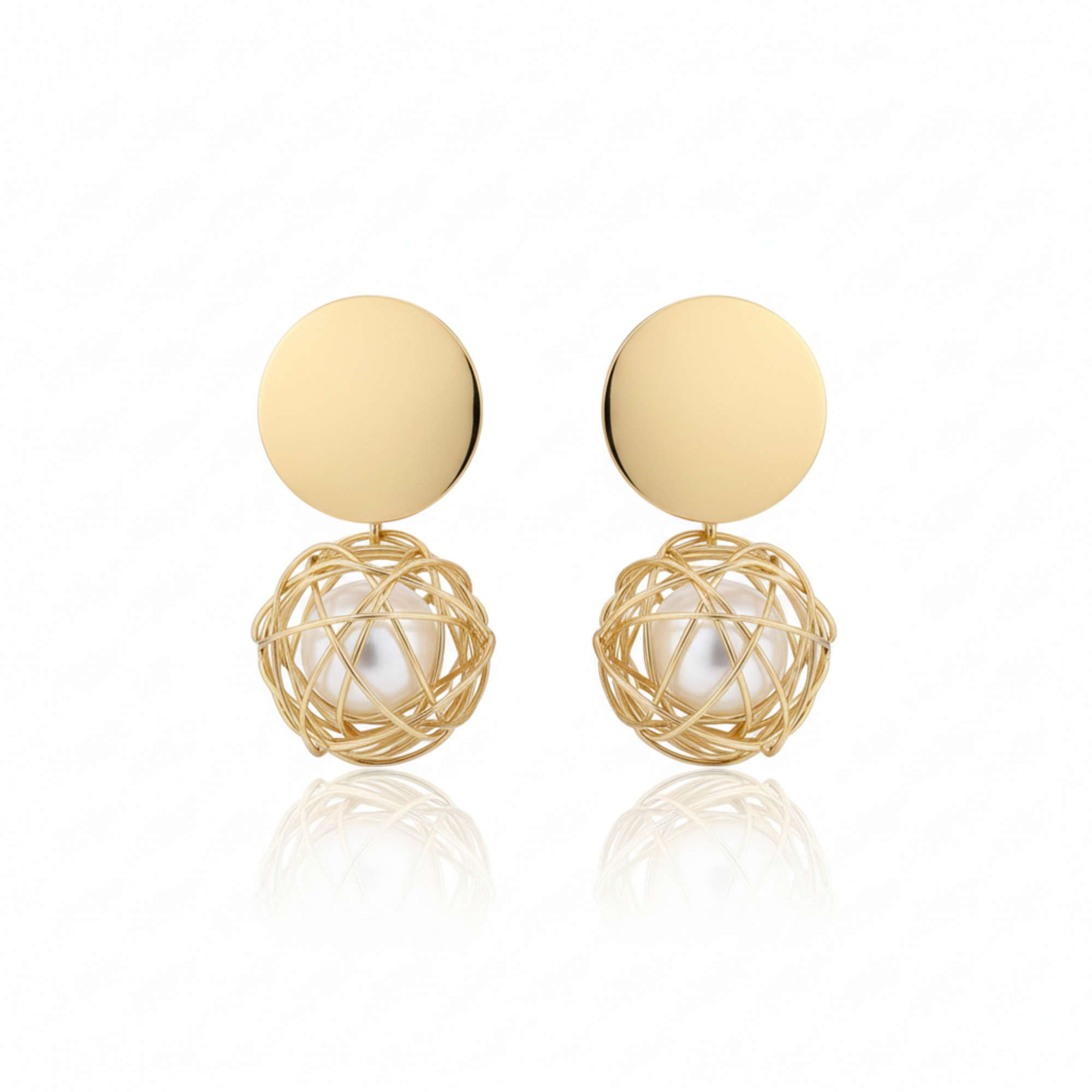 Gold Plated Wire Ball Pearl Drop Earrings