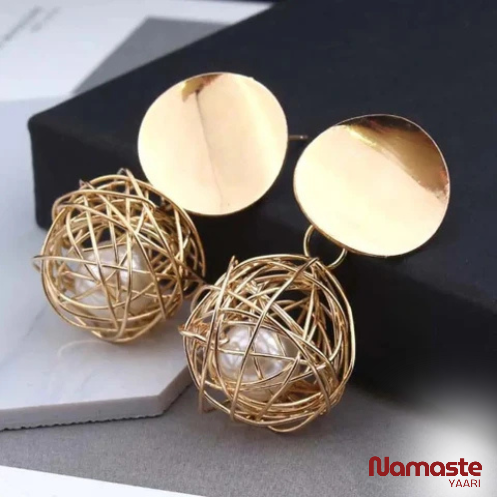 Gold Plated Wire Ball Pearl Drop Earrings