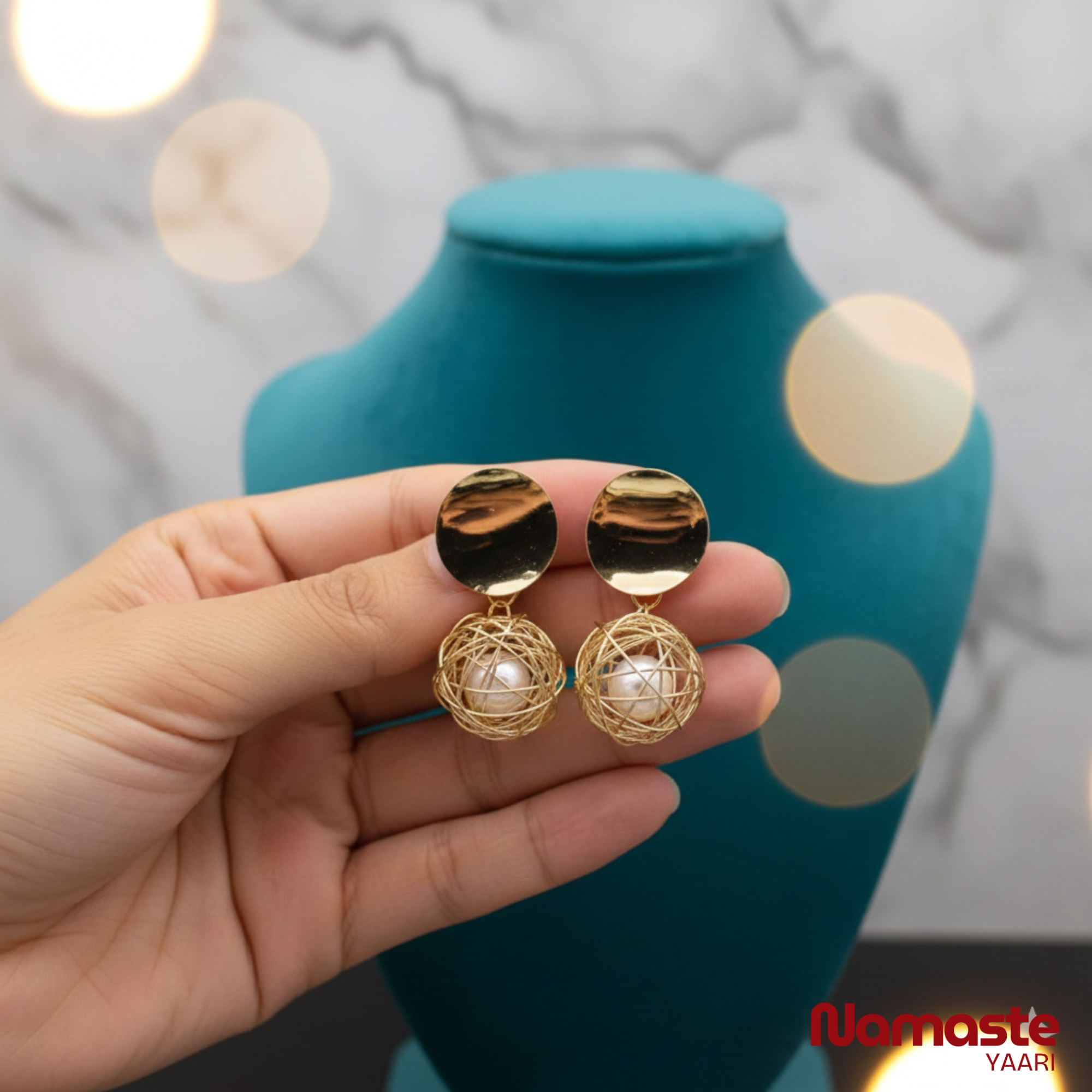 Gold Plated Wire Ball Pearl Drop Earrings