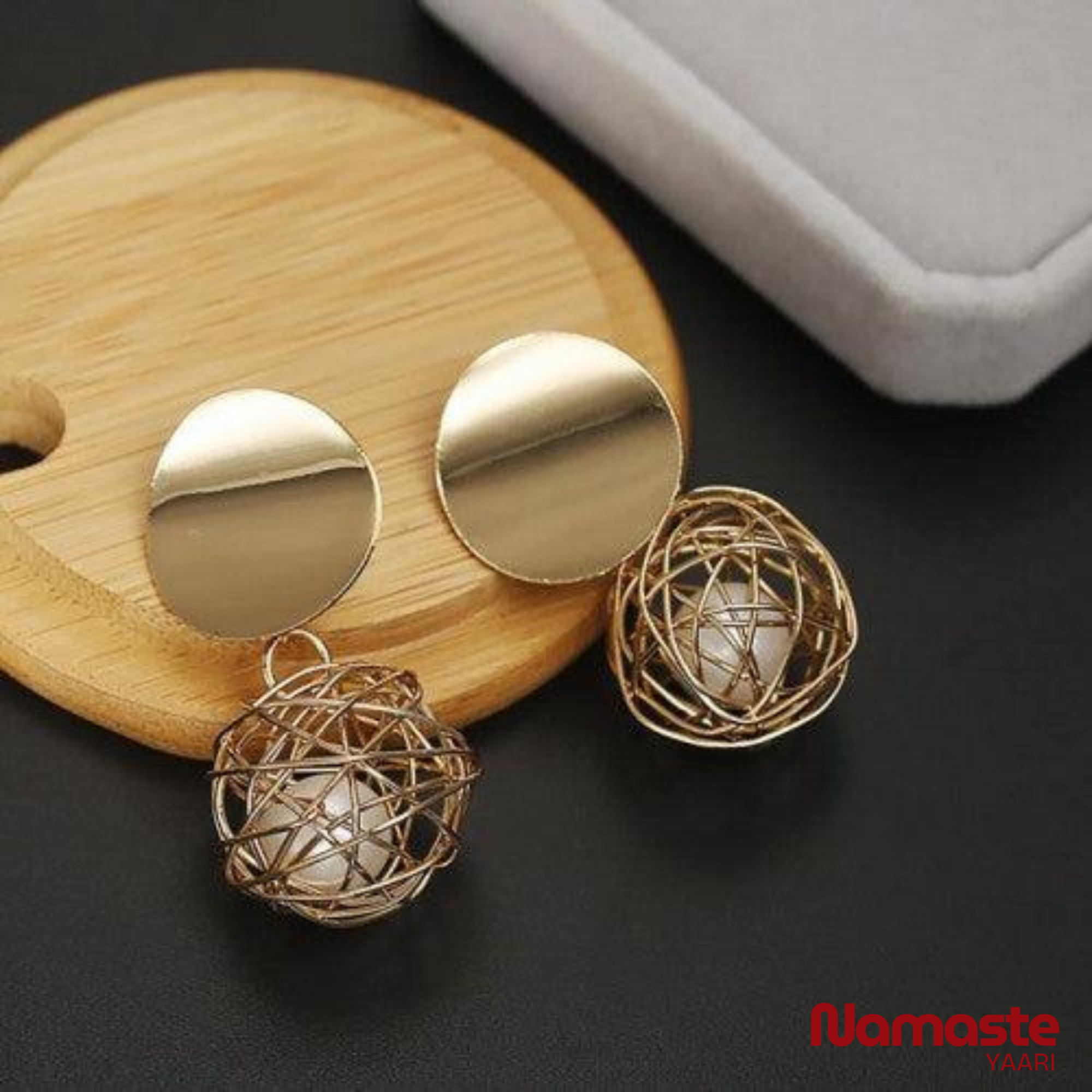 Gold Plated Wire Ball Pearl Drop Earrings