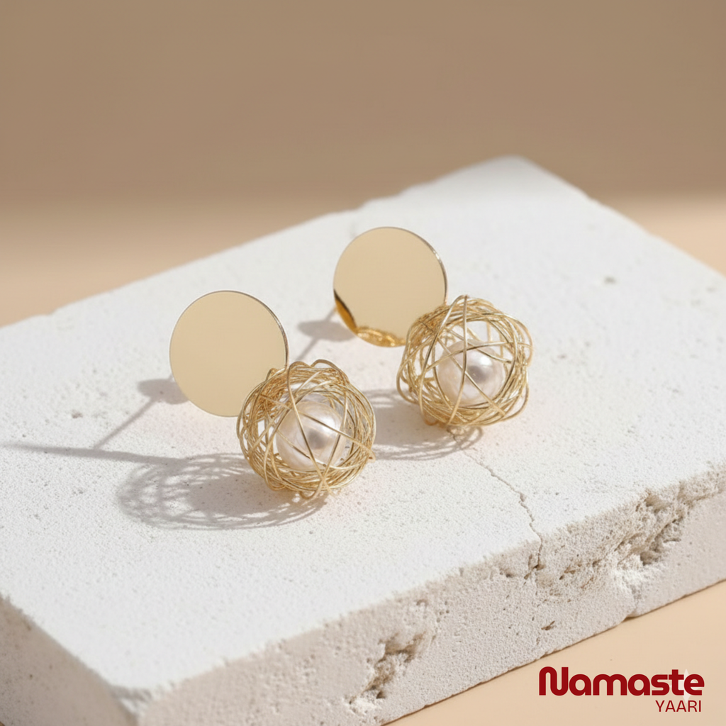 Gold Plated Wire Ball Pearl Drop Earrings