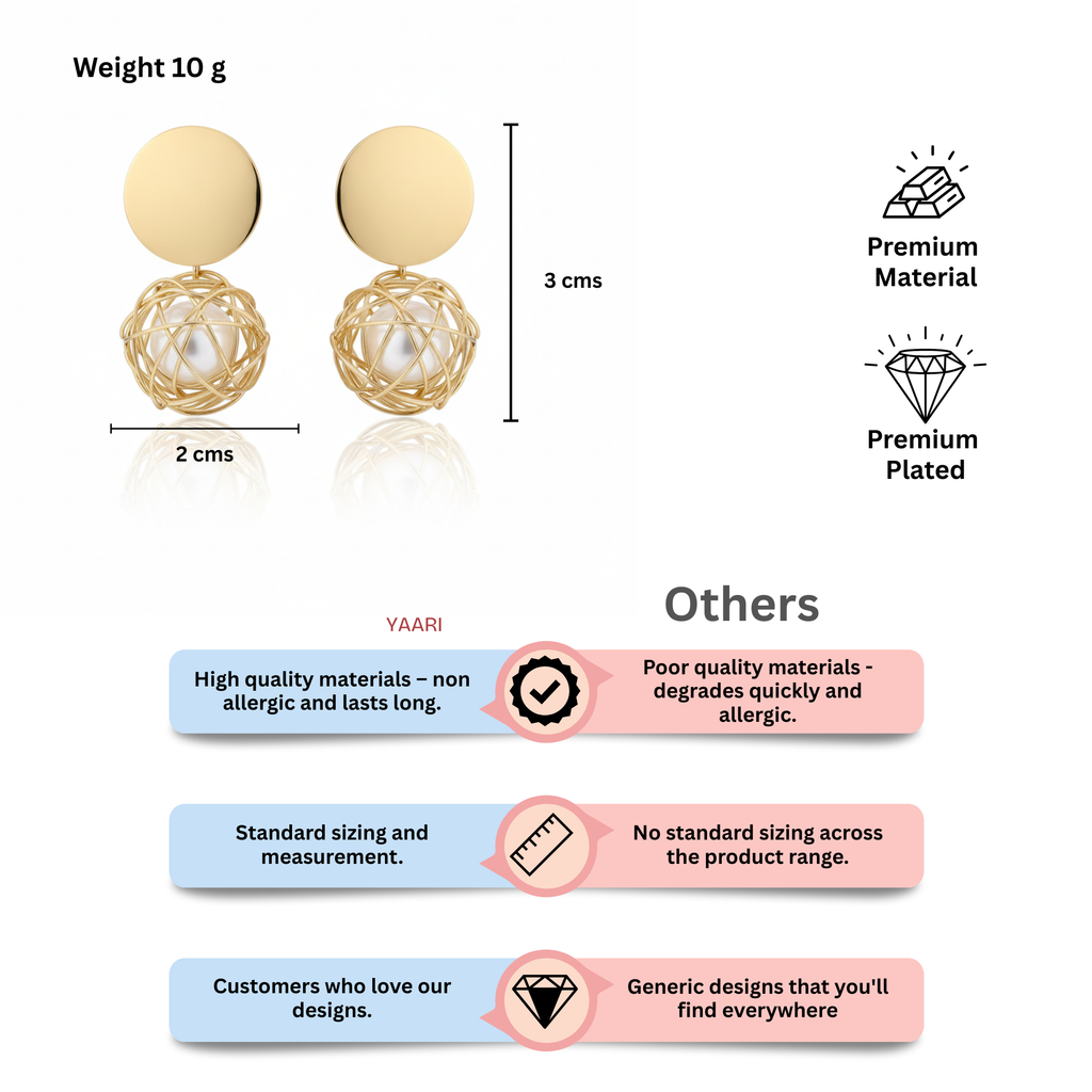 Gold Plated Wire Ball Pearl Drop Earrings