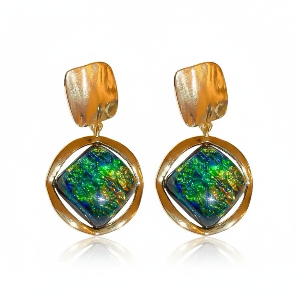 Gold Plated Green Stone Dangle Earrings