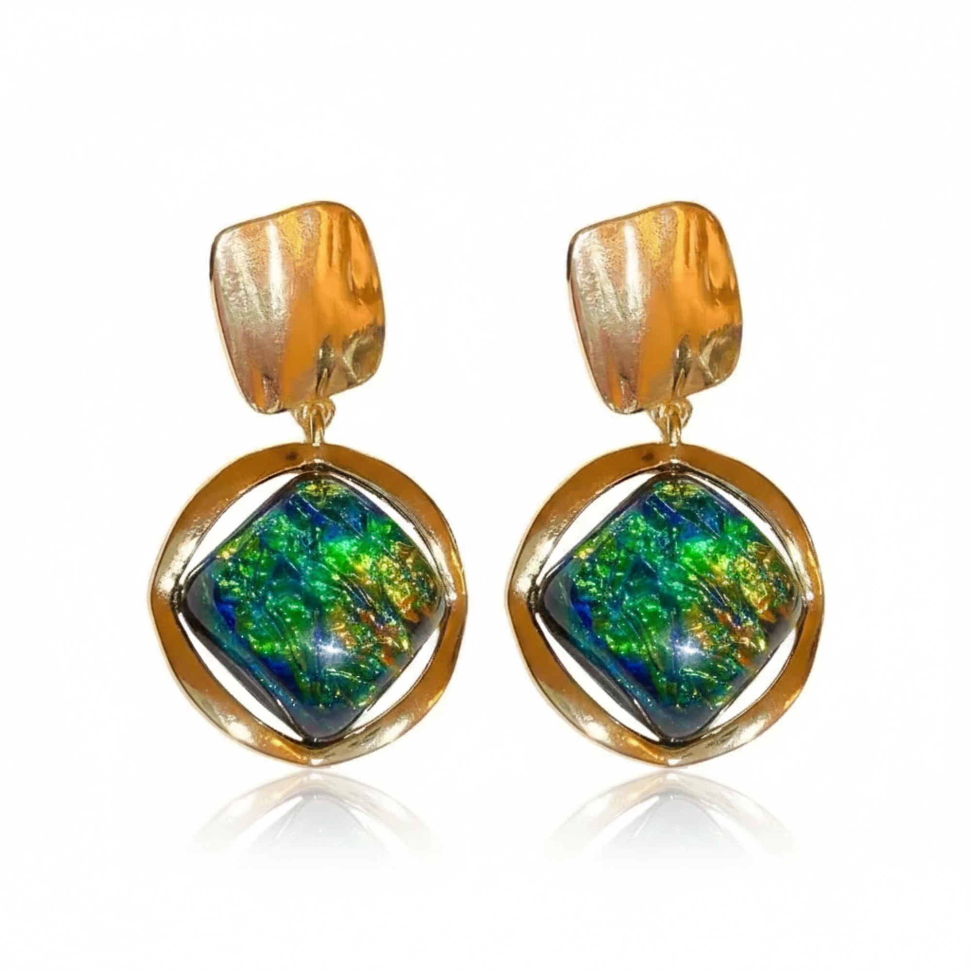 Gold Plated Green Stone Dangle Earrings