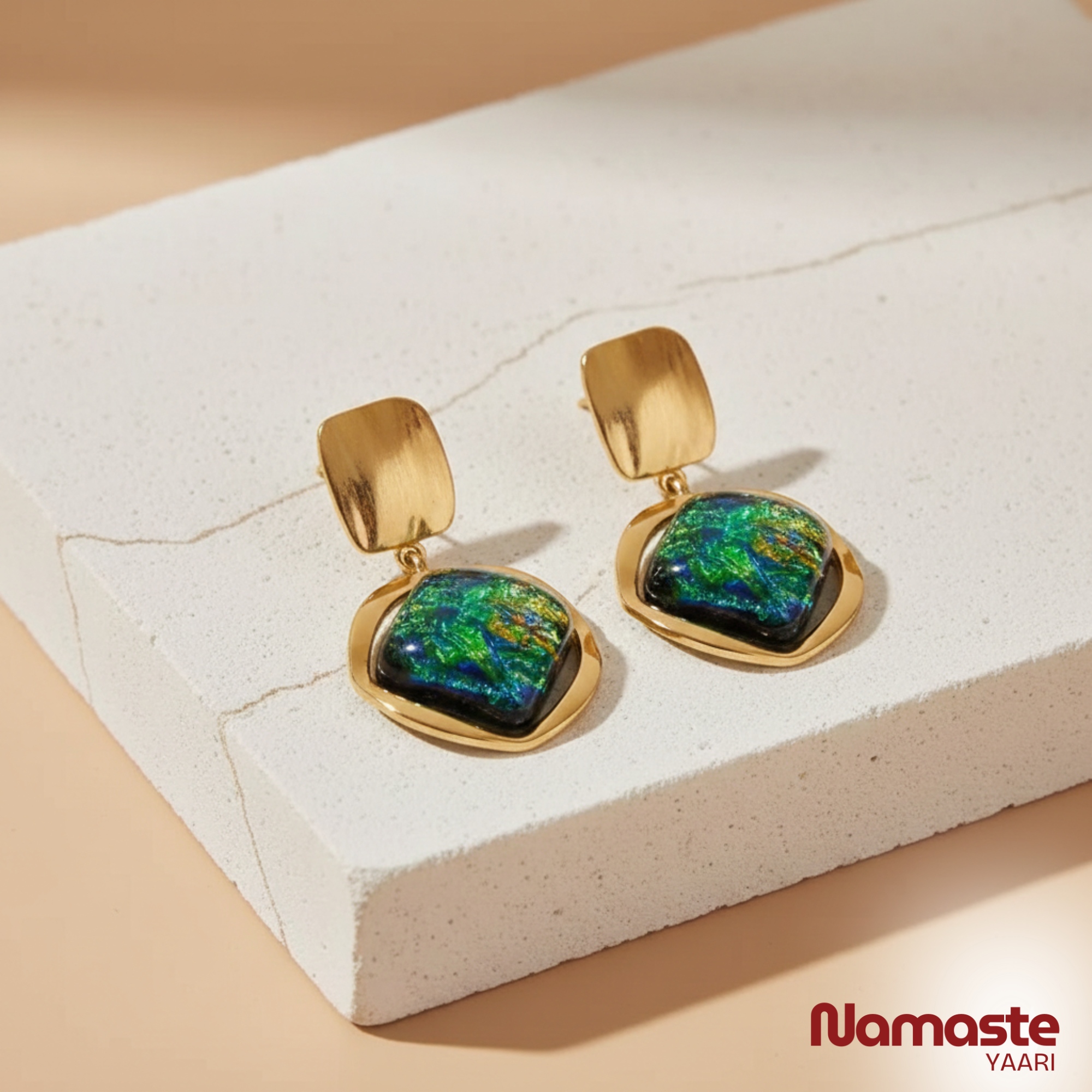 Gold Plated Green Stone Dangle Earrings