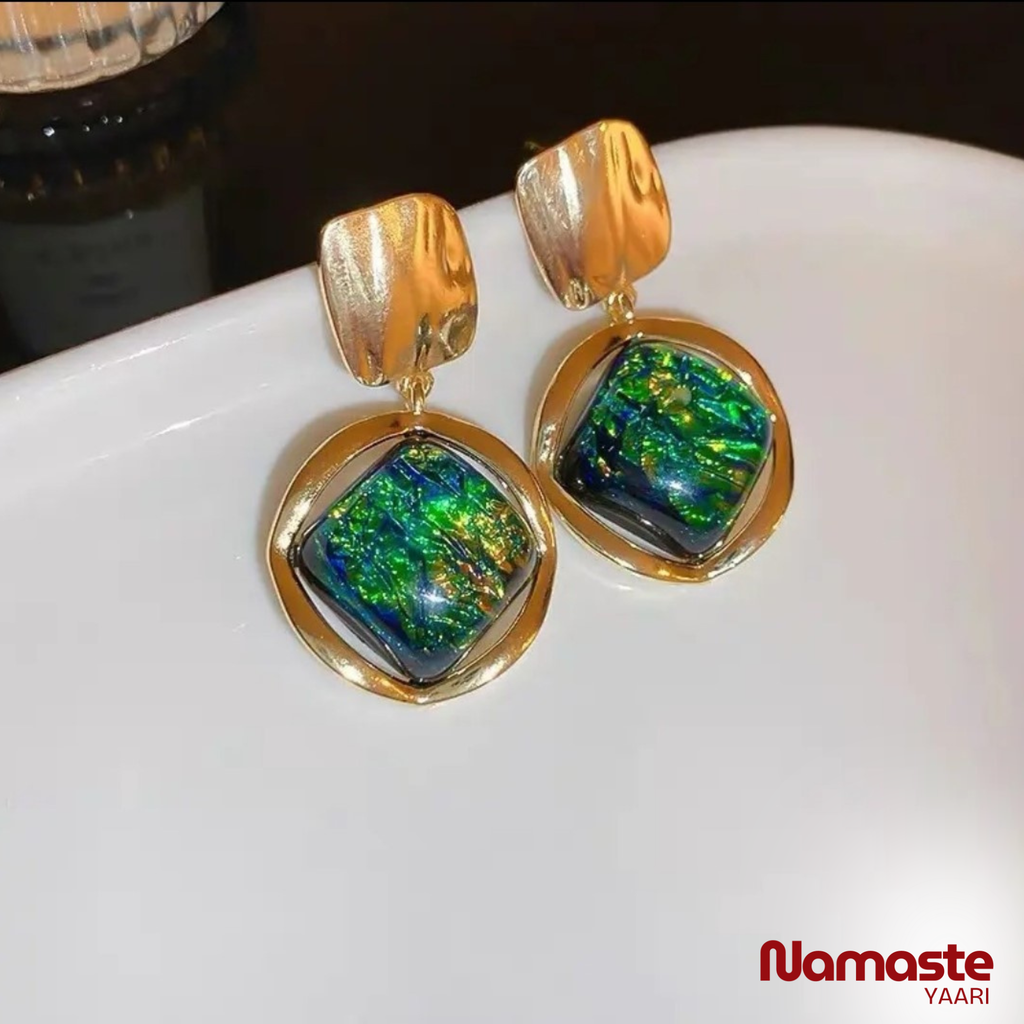 Gold Plated Green Stone Dangle Earrings