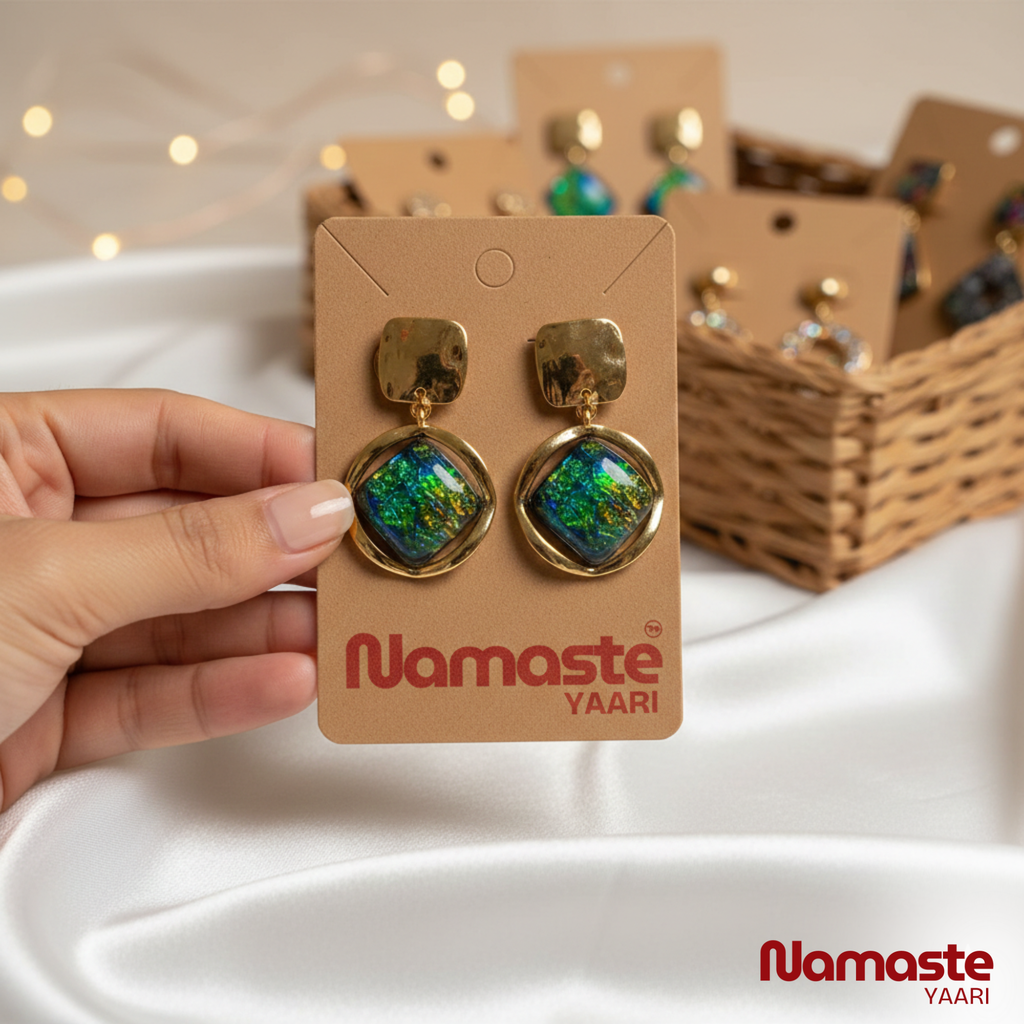 Gold Plated Green Stone Dangle Earrings