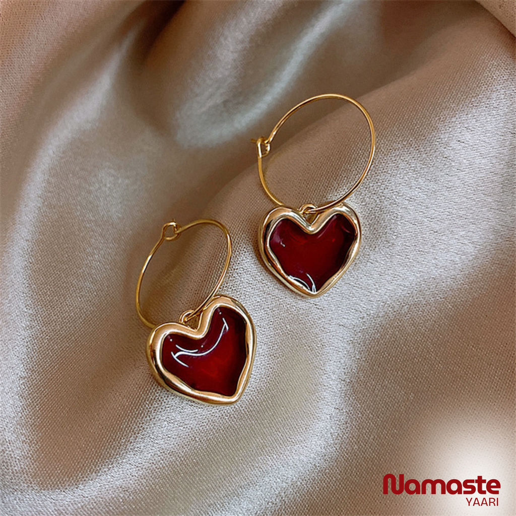 Red Heart Hoop Dangle Earrings