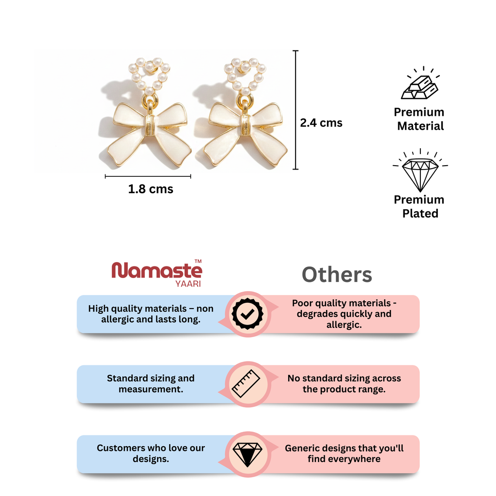 Elegant Pearl Heart & Bow Drop Earrings